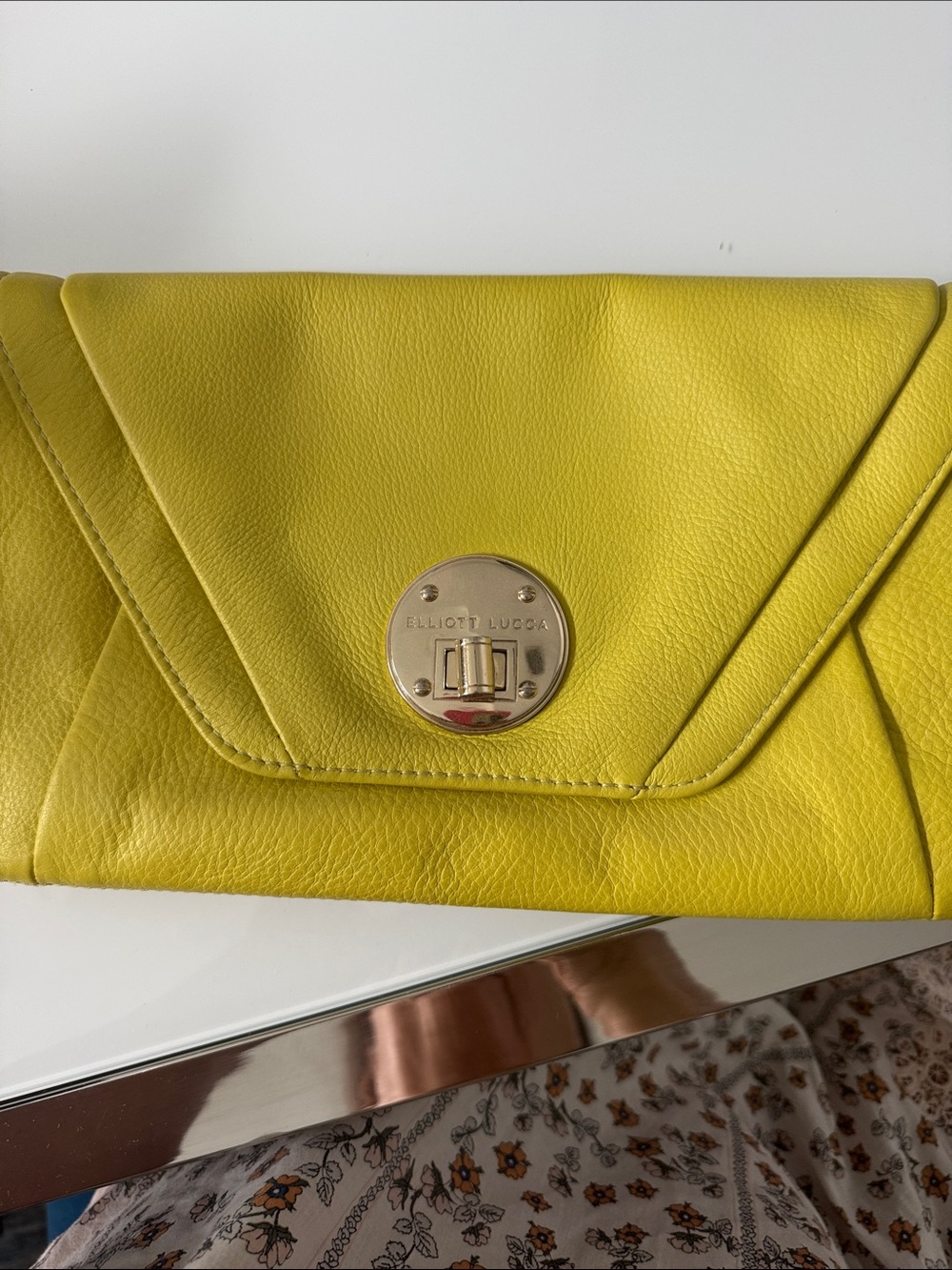 Elliott Lucca Lemon Yellow Leather Envelope Clutch with Gold Turn-Lock